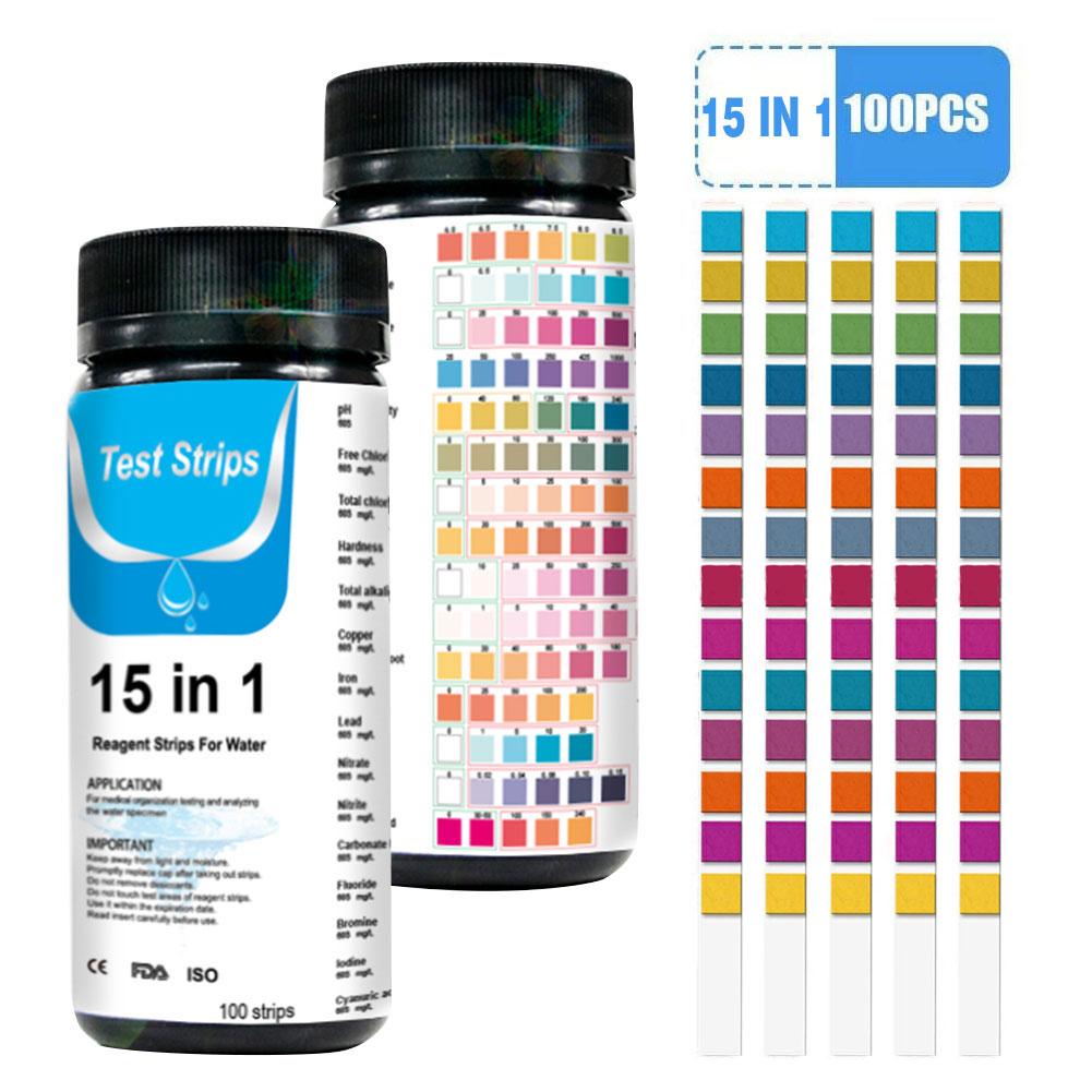 100PCS 7/14/15-in-1 Drinking Water Test Strip PH Bromine Nitrate Water  Test For Aquarium Fish Tank Pool Water Test Strip