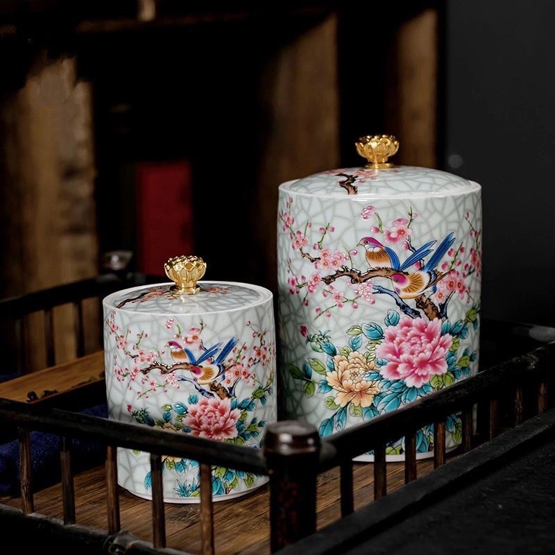 Chinese-style Enamel Ceramic Storage Household Living Room Kitchen Supplies Dried Fruit Size Sealed Jar