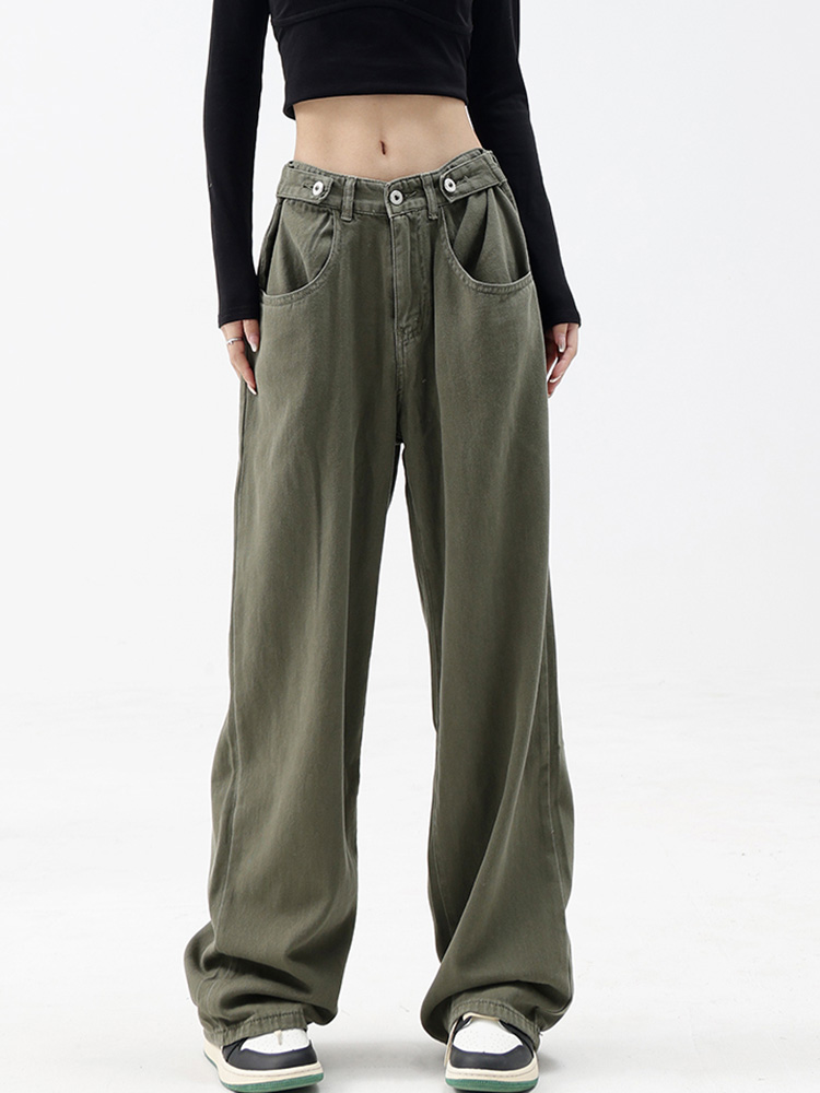 Casual Autumn Women Long Jeans Trousers High Waist Pockets Loose Female Wide Leg Denim Pants Ladies Floor-Length Pants