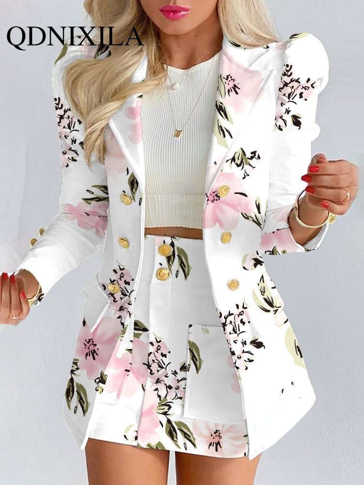 Spring and Autumn Leisure  Suit Women's Double-breasted Long Sleeve Skirt Suit 2-piece Office Women Dress Skirt Set