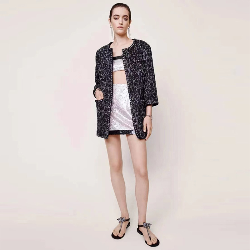 22 Summer Sequins Pink Mini Skirt Set Women Sexy Chain Buttons Wrapped Chest Camisole Top  Show Pockets Hips A Line Skirt