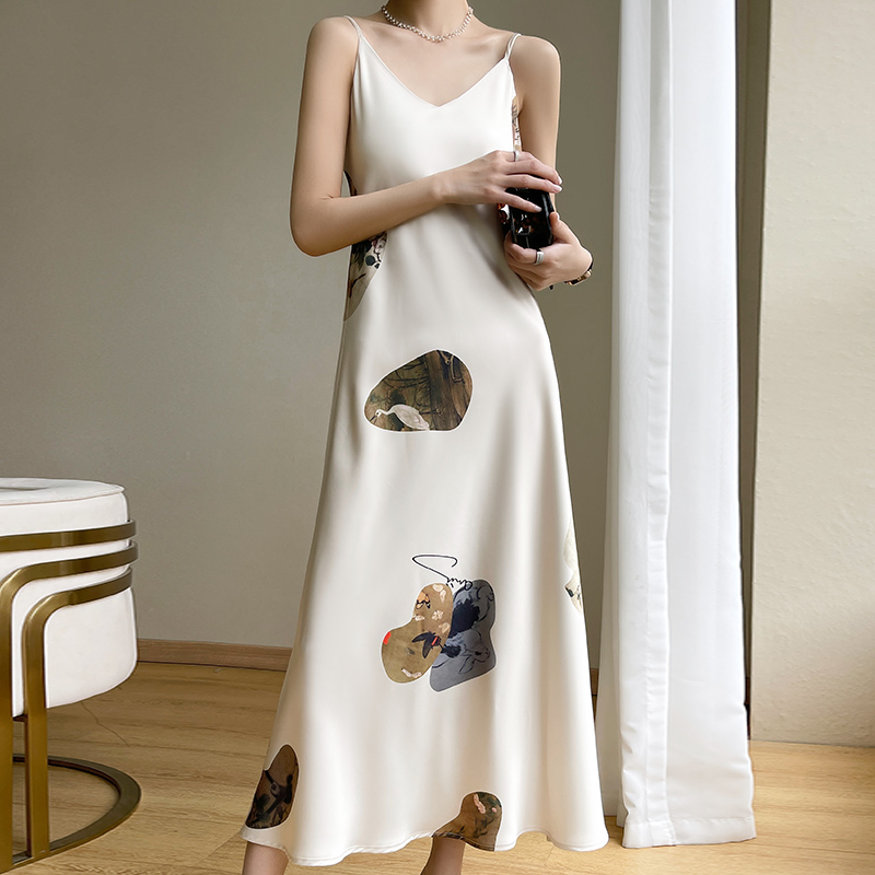 Summer Silk Suspender Dress Design Sense Female Mulberry Silk Satin V-Neck Printing Slim Temperament Midi Skirt